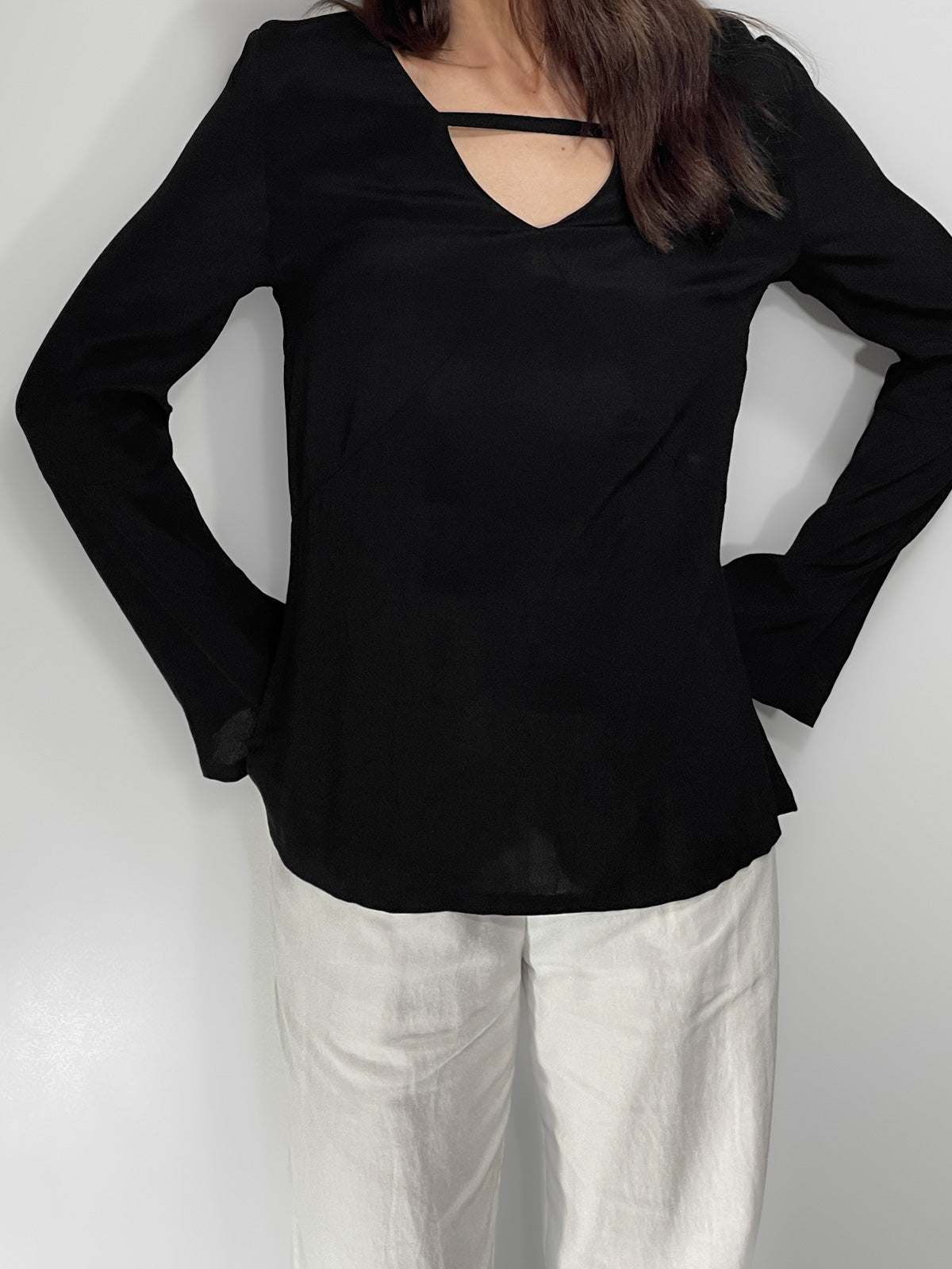 Bell Sleeve V Neck Cutout Silky Crepe Top in Black