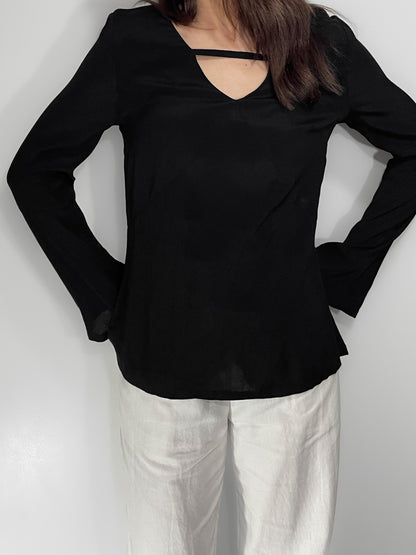 Bell Sleeve V Neck Cutout Silky Crepe Top in Black