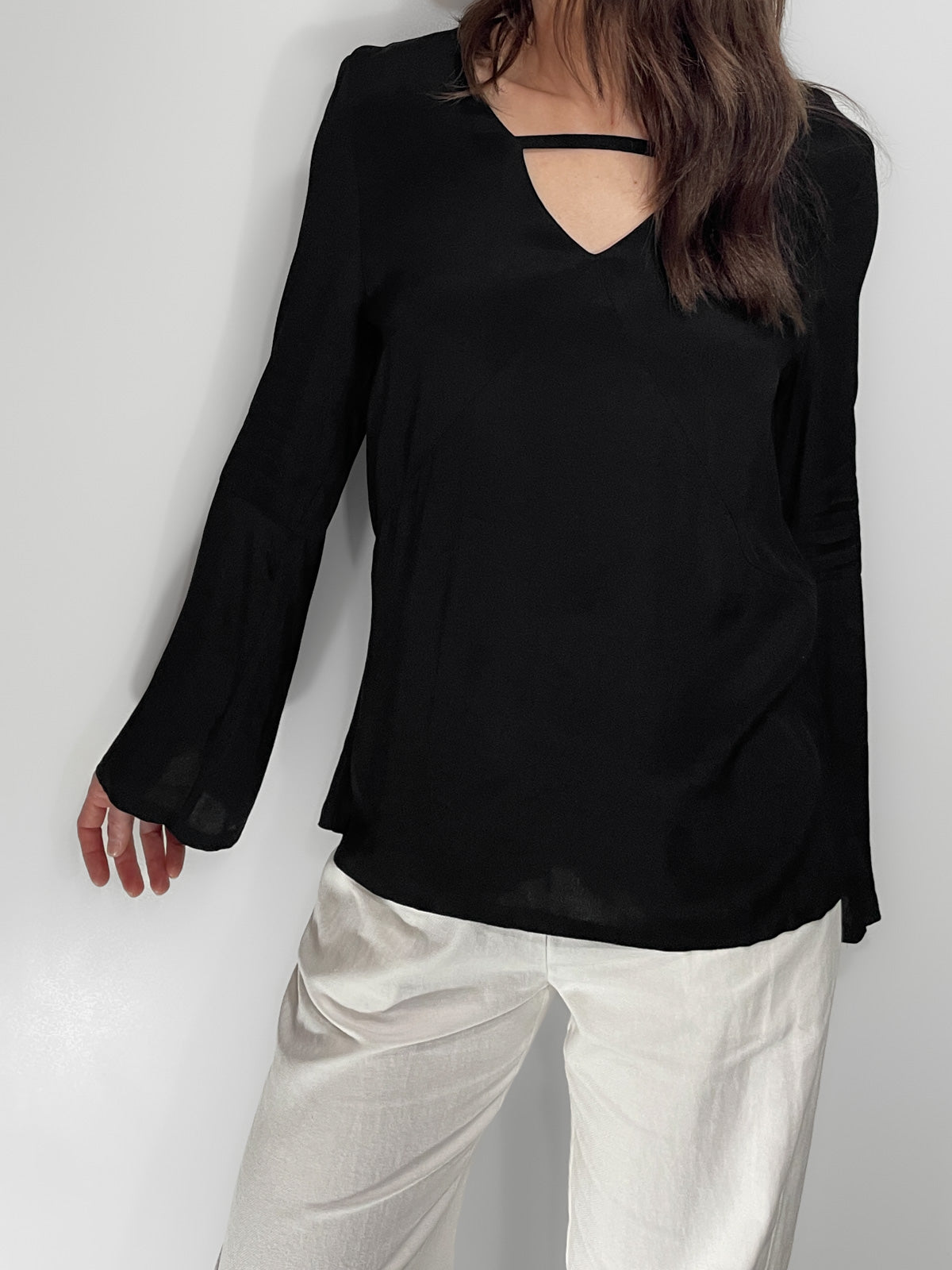 Bell Sleeve V Neck Cutout Silky Crepe Top in Black