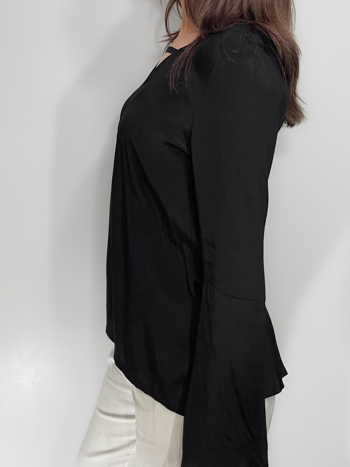Bell Sleeve V Neck Cutout Silky Crepe Top in Black