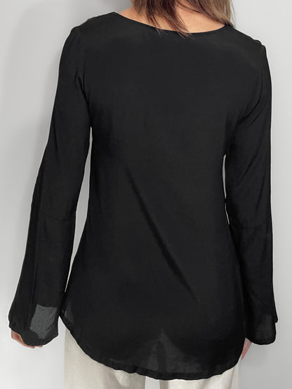 Bell Sleeve V Neck Cutout Silky Crepe Top in Black