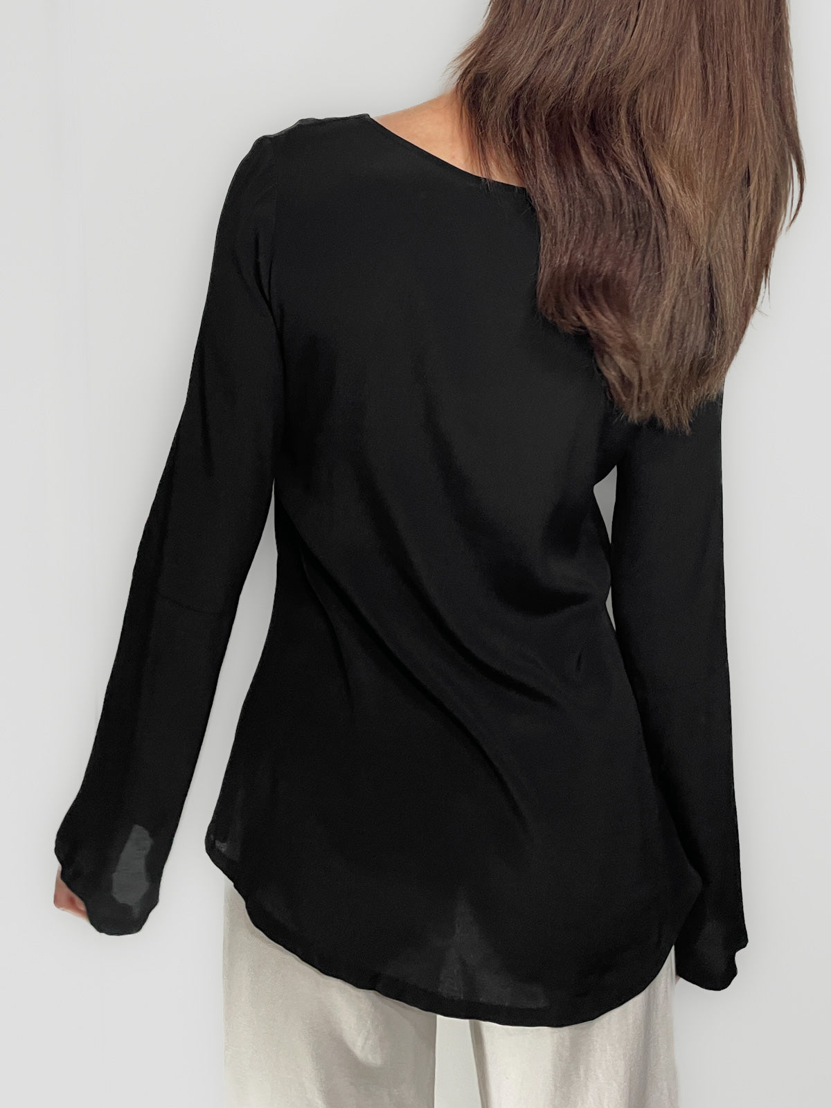 Bell Sleeve V Neck Cutout Silky Crepe Top in Black