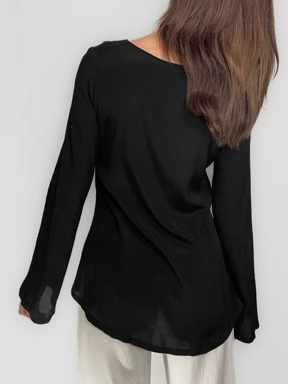 Bell Sleeve V Neck Cutout Silky Crepe Top in Black