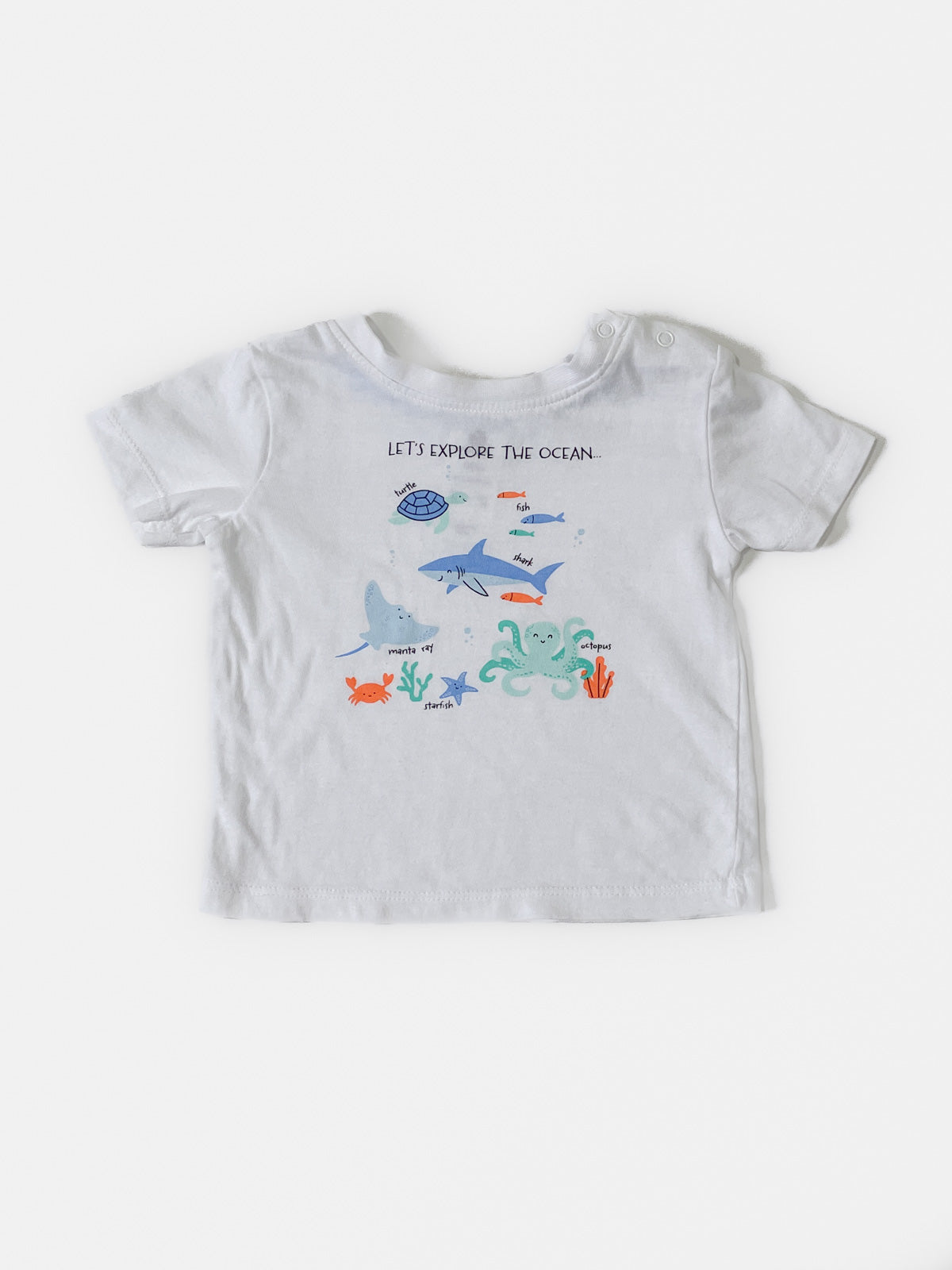 "Let's Explore the Ocean" White Printed Cotton Tee