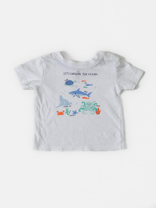 "Let's Explore the Ocean" White Printed Cotton Tee