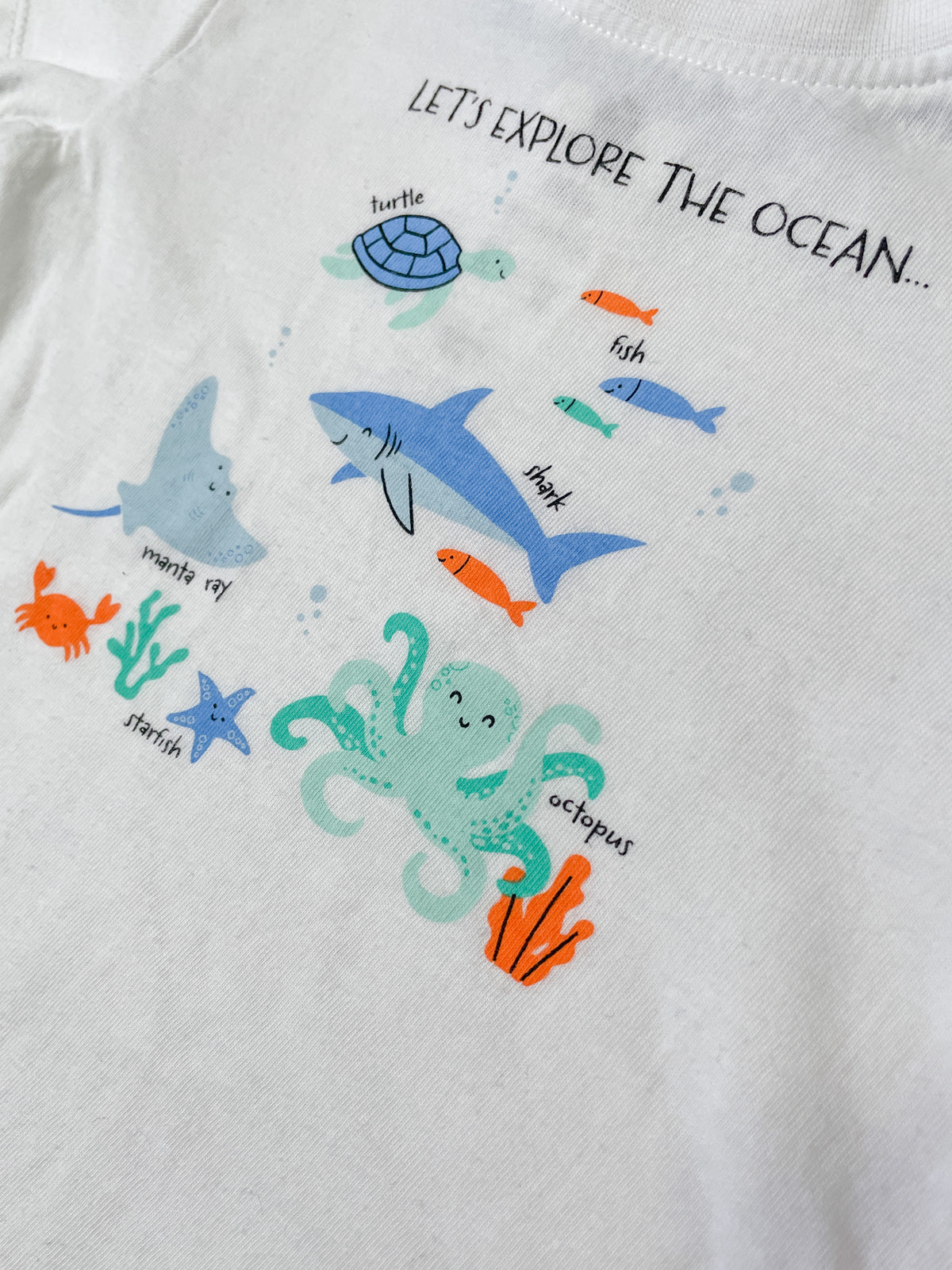 "Let's Explore the Ocean" White Printed Cotton Tee
