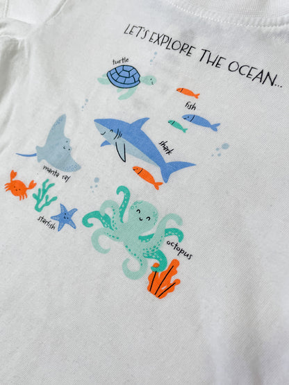 "Let's Explore the Ocean" White Printed Cotton Tee