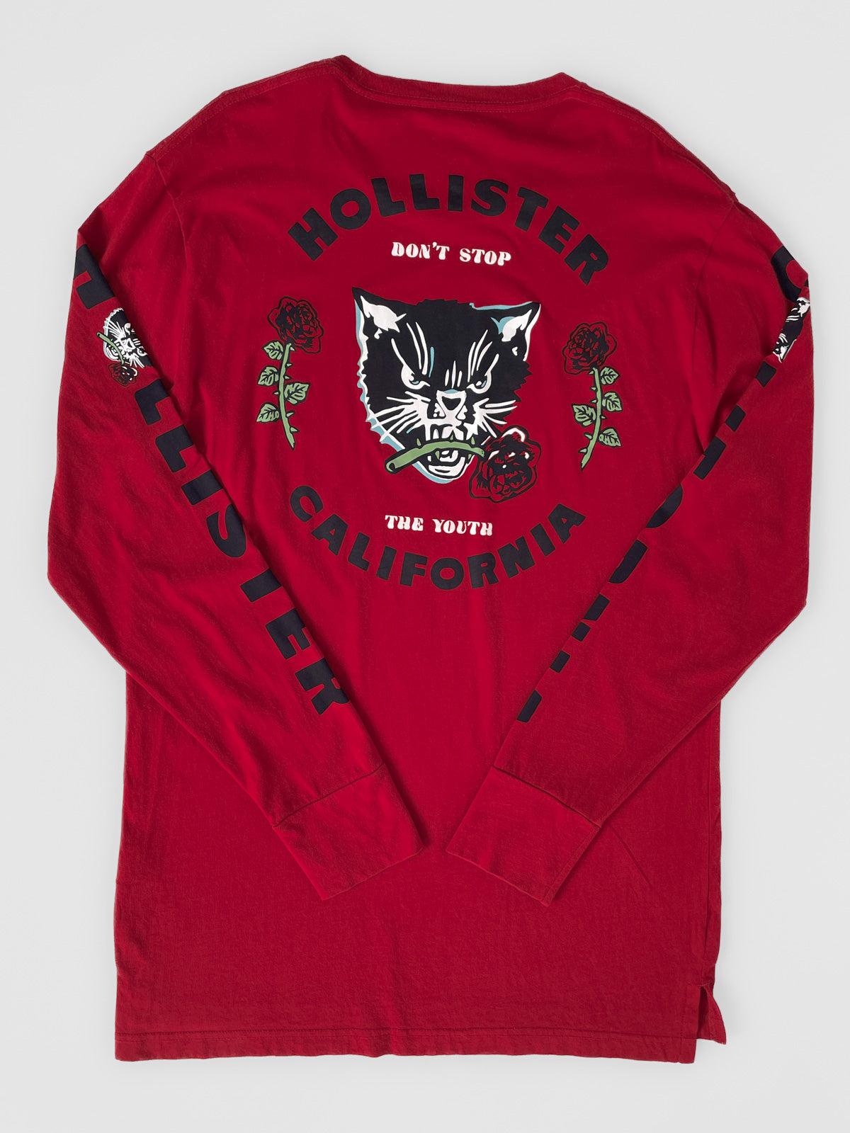 "Don't Stop the Youth" Red Rose Black Cat Long Sleeve Tee