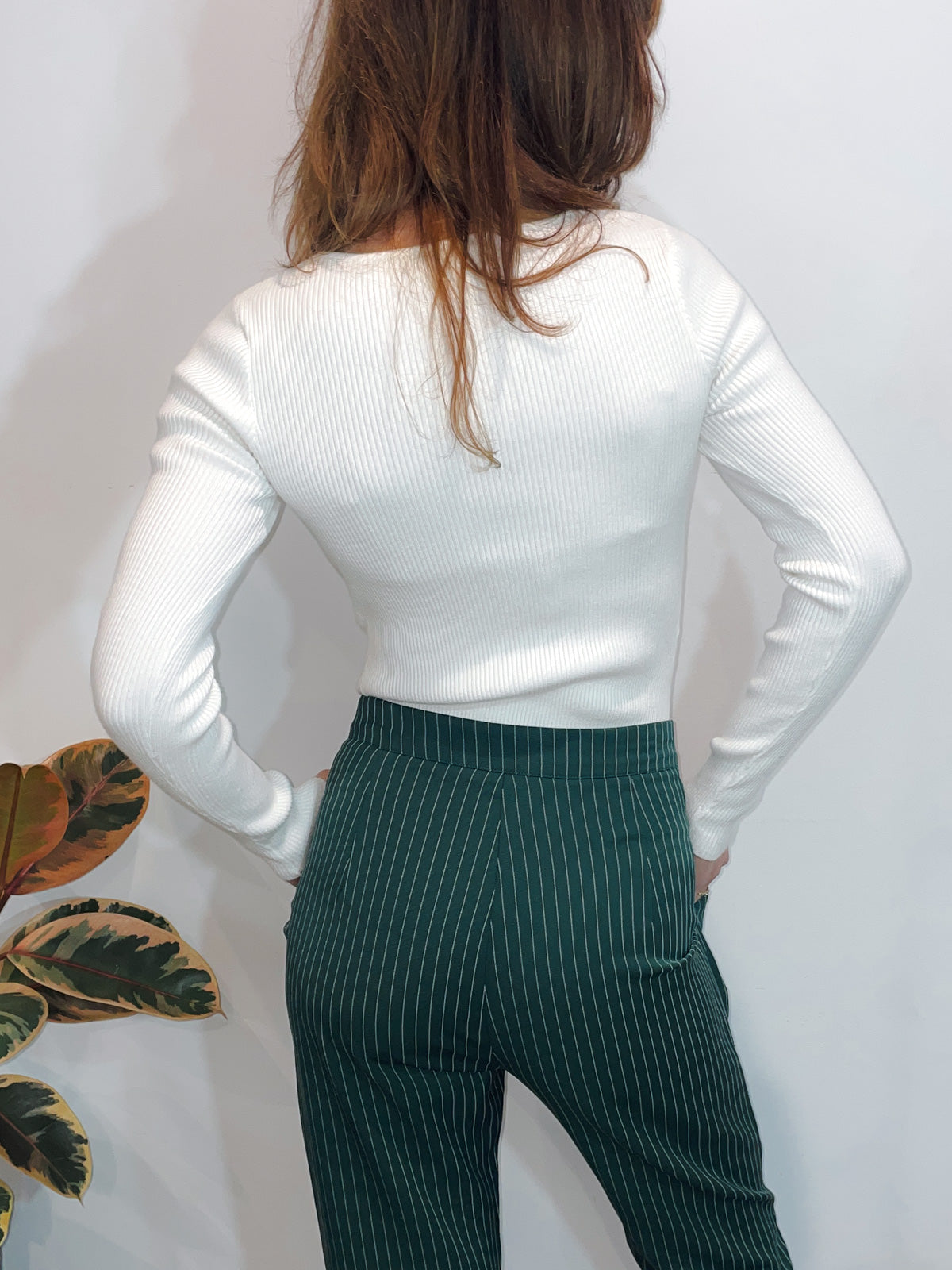 Twist Neck Ribbed Knit Top in Ivory