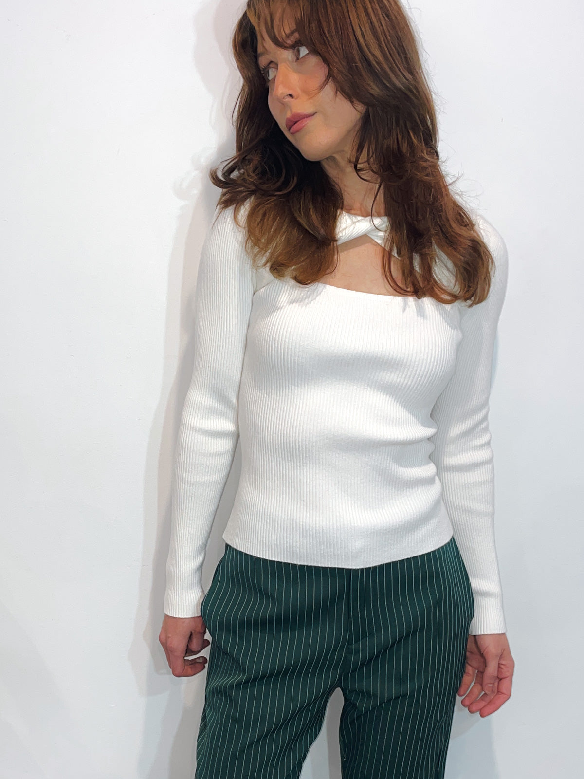 Twist Neck Ribbed Knit Top in Ivory