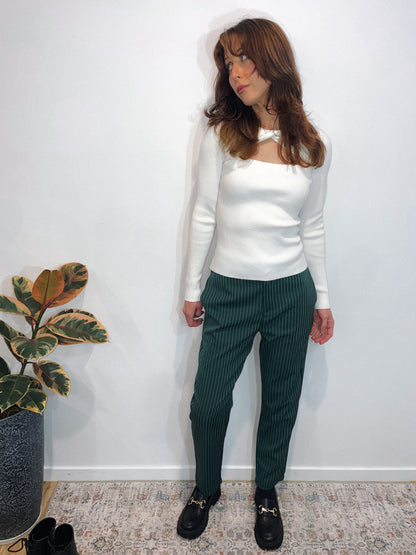Twist Neck Ribbed Knit Top in Ivory
