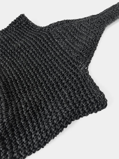 Raffia Straw Slouch Shoulder Bag in Black