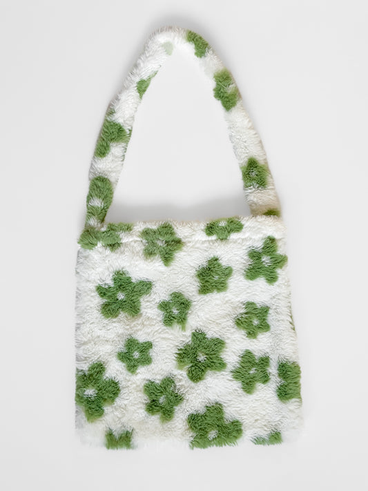 Fluffy Handbag in Cream with Green Flowers