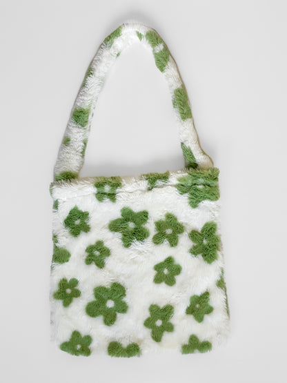 Fluffy Handbag in Cream with Green Flowers