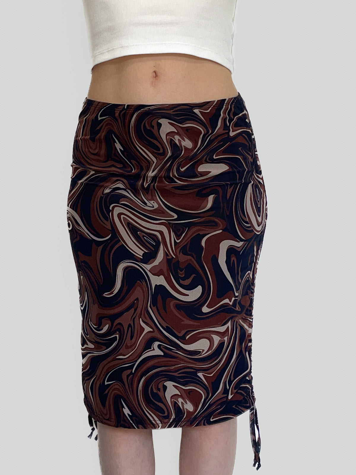 Drawstring Side Chocolate Swirl Mesh Skirt