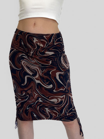 Drawstring Side Chocolate Swirl Mesh Skirt