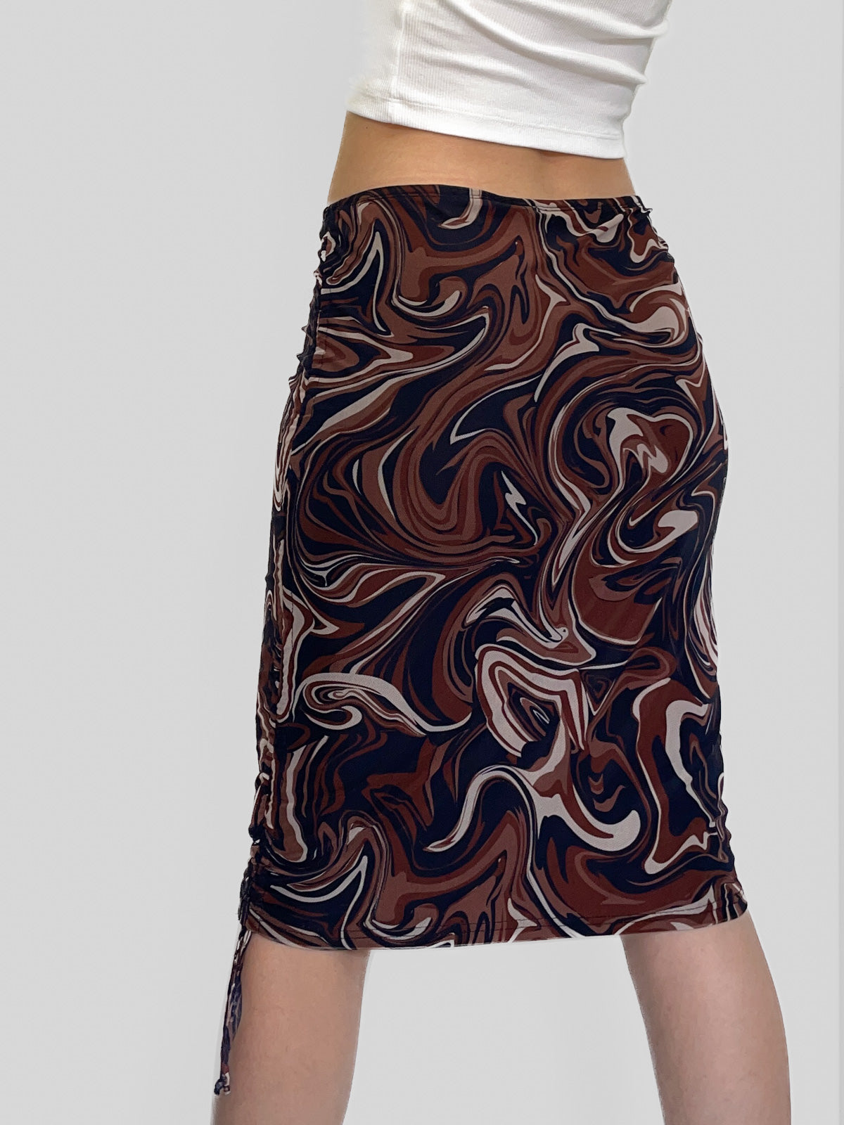 Drawstring Side Chocolate Swirl Mesh Skirt