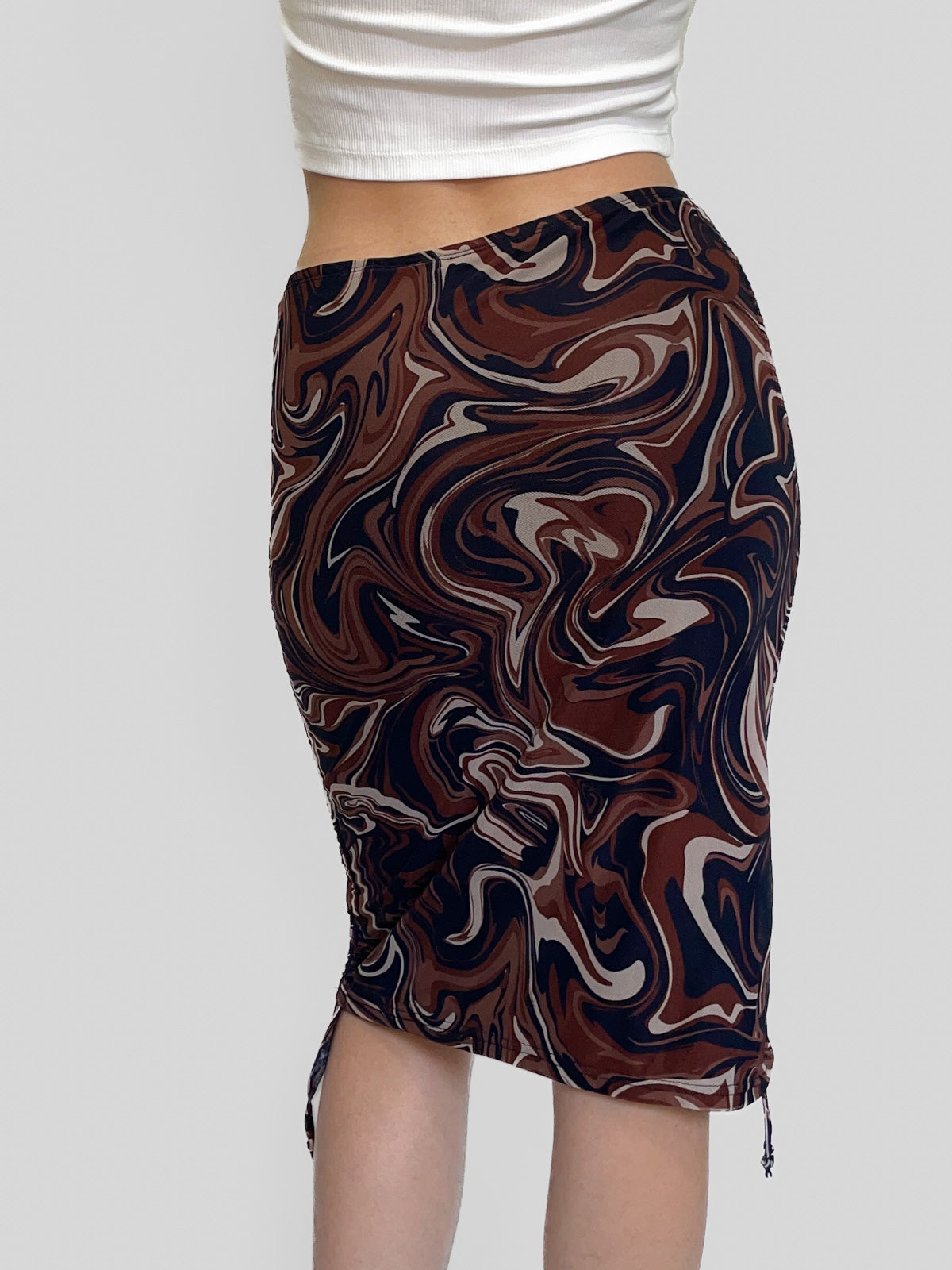 Drawstring Side Chocolate Swirl Mesh Skirt