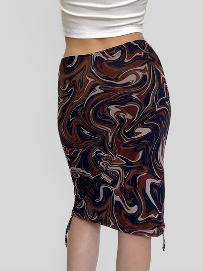 Drawstring Side Chocolate Swirl Mesh Skirt