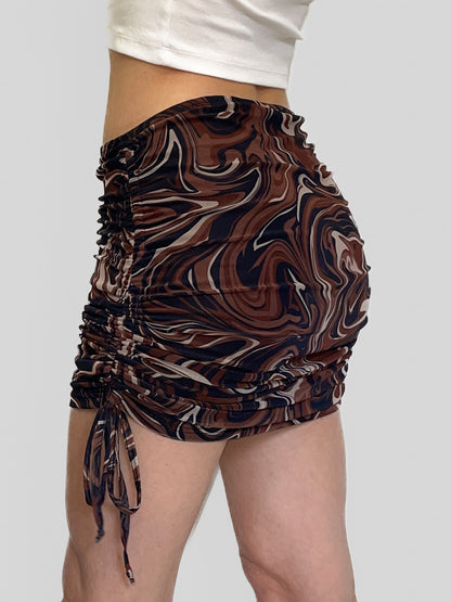 Drawstring Side Chocolate Swirl Mesh Skirt