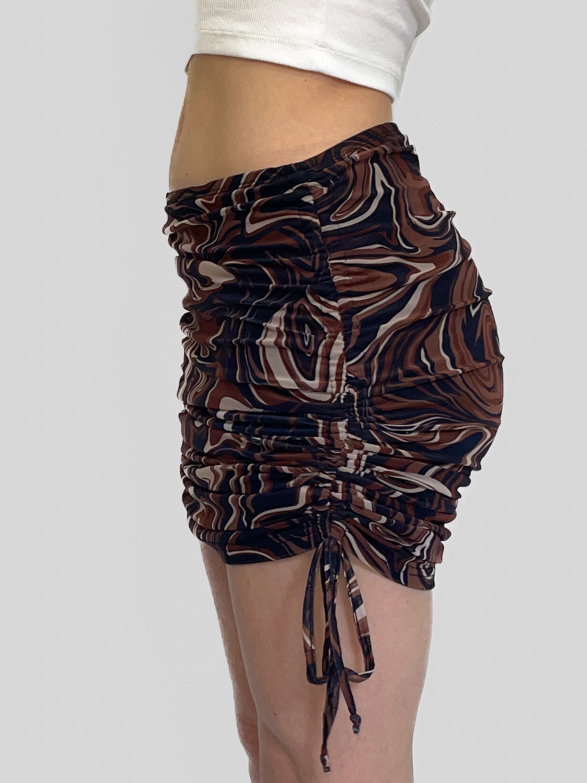 Drawstring Side Chocolate Swirl Mesh Skirt