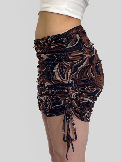 Drawstring Side Chocolate Swirl Mesh Skirt