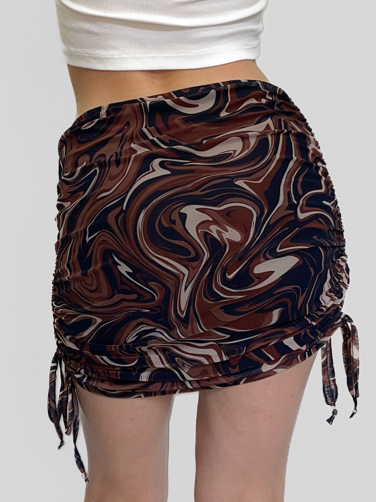 Drawstring Side Chocolate Swirl Mesh Skirt