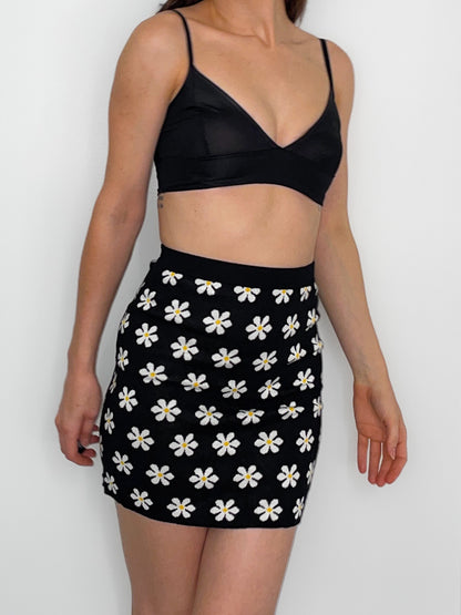 Soft Knit Black Daisy Mini Skirt