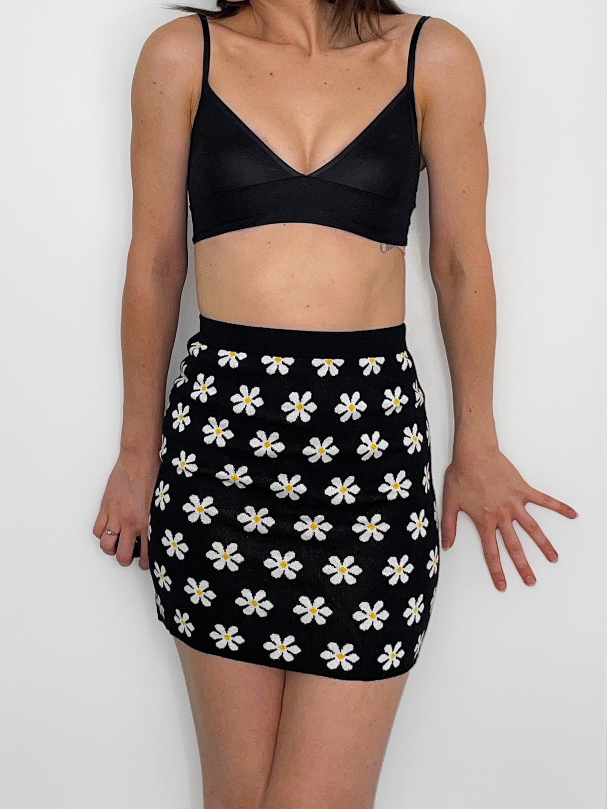 Soft Knit Black Daisy Mini Skirt