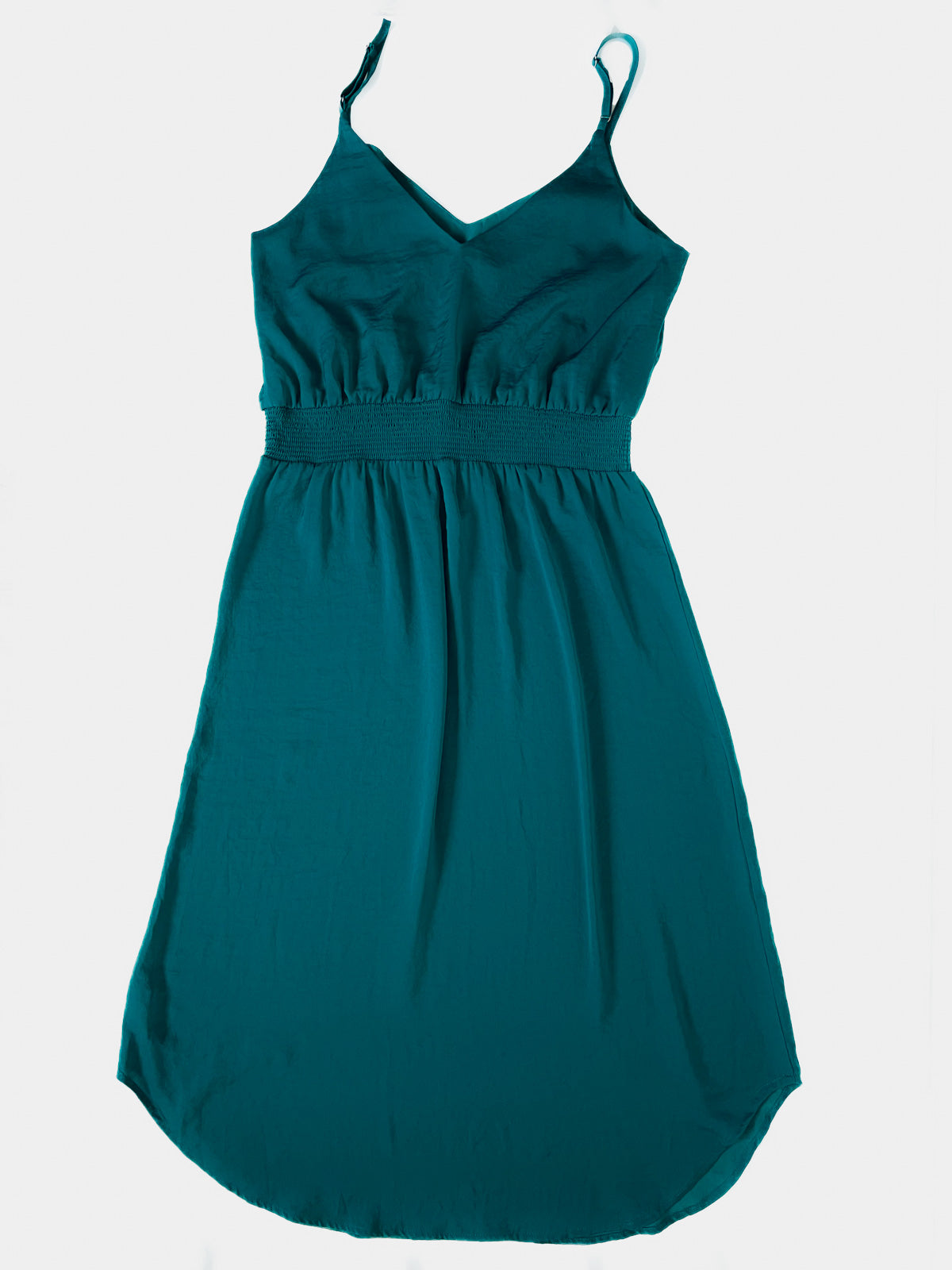 Teal Satin Midi Fitted Waist Slip Dress