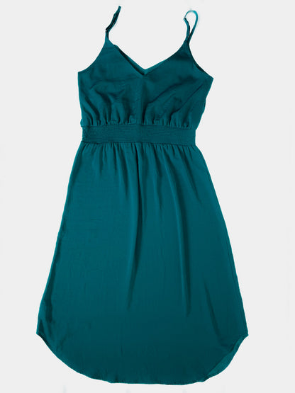 Teal Satin Midi Fitted Waist Slip Dress