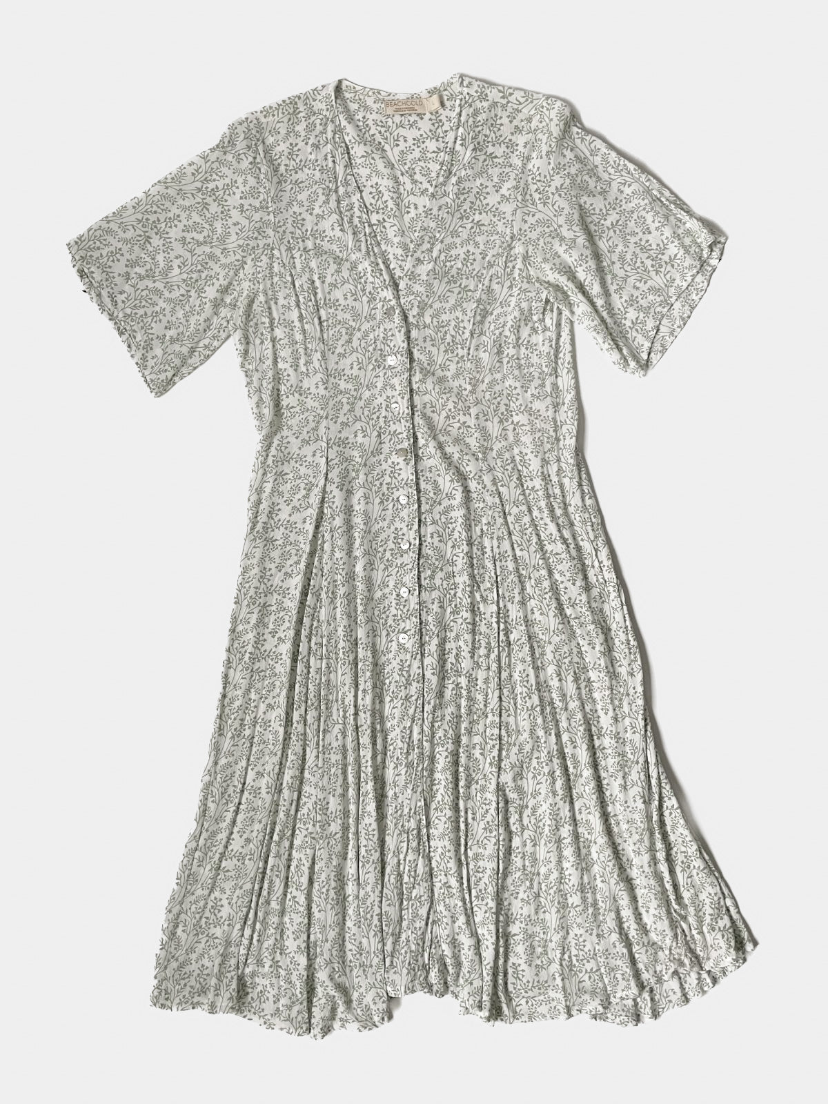 Fit and Flare Crepe Maxi Dress in White/Sage Ditsy Botanical