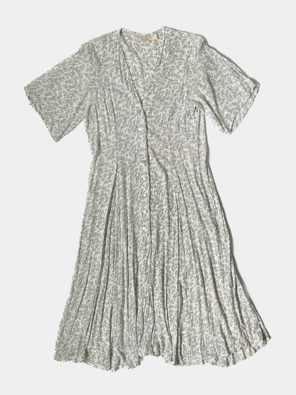 Fit and Flare Crepe Maxi Dress in White/Sage Ditsy Botanical