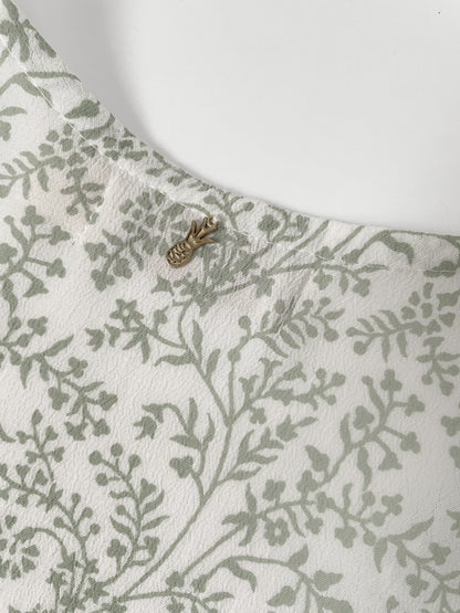 Fit and Flare Crepe Maxi Dress in White/Sage Ditsy Botanical