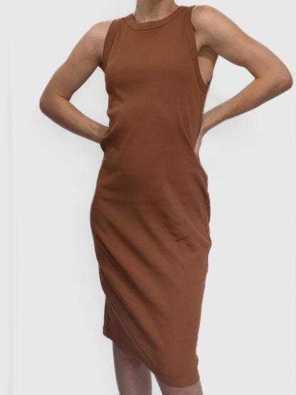 Organic Cotton Ribbed Tank Midi Dress in Warm Brown