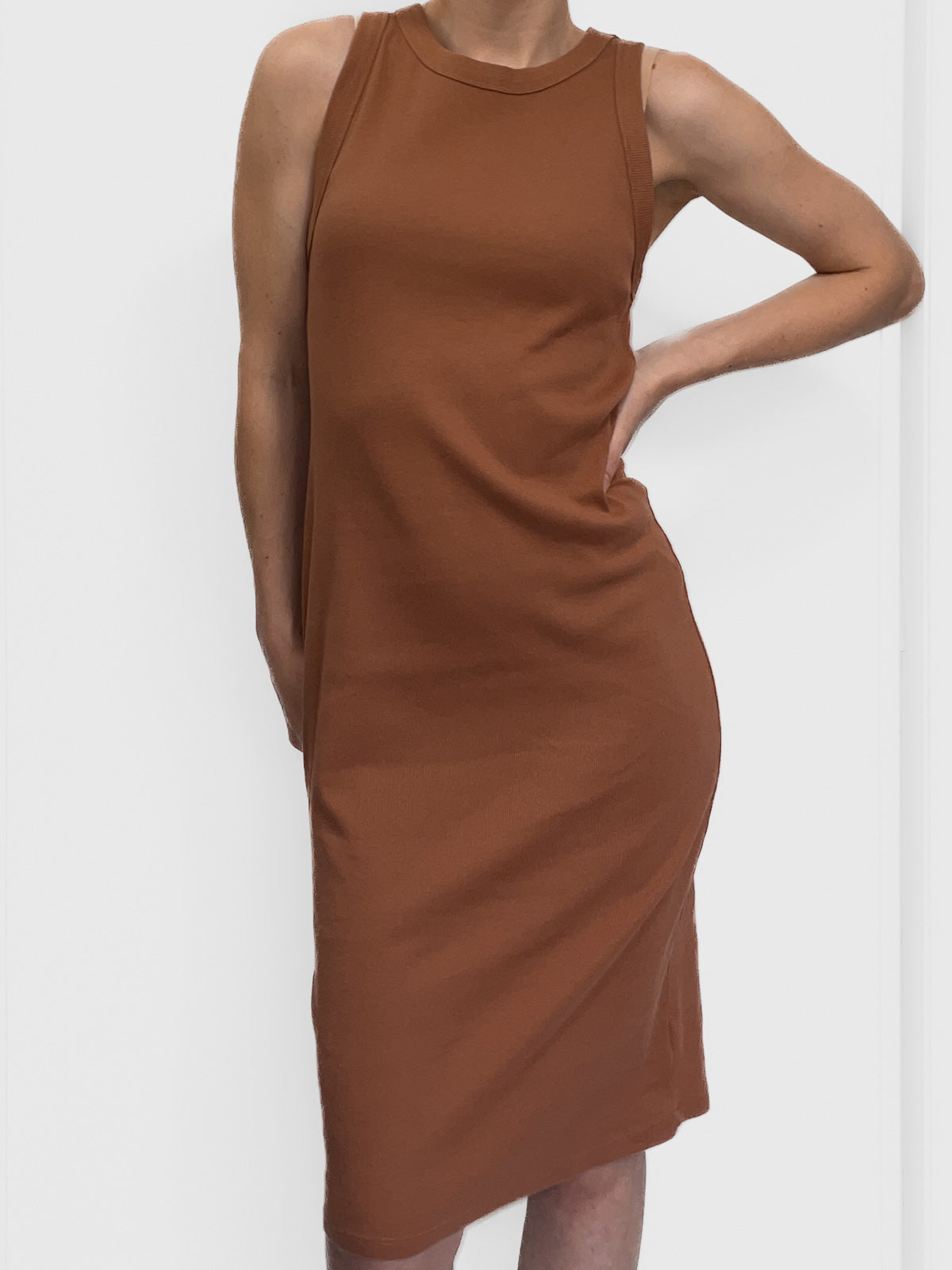 Organic Cotton Ribbed Tank Midi Dress in Warm Brown