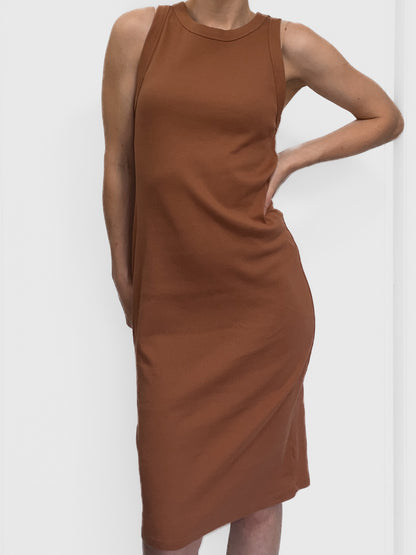 Organic Cotton Ribbed Tank Midi Dress in Warm Brown