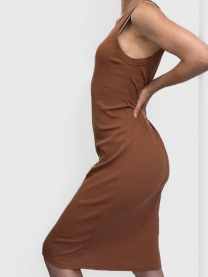 Organic Cotton Ribbed Tank Midi Dress in Warm Brown