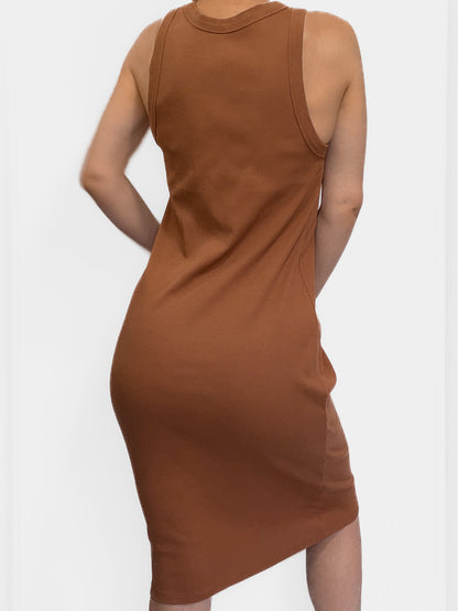 Organic Cotton Ribbed Tank Midi Dress in Warm Brown