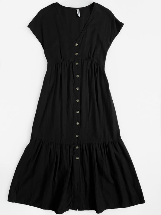 Black Linen Button Up Midi Dress