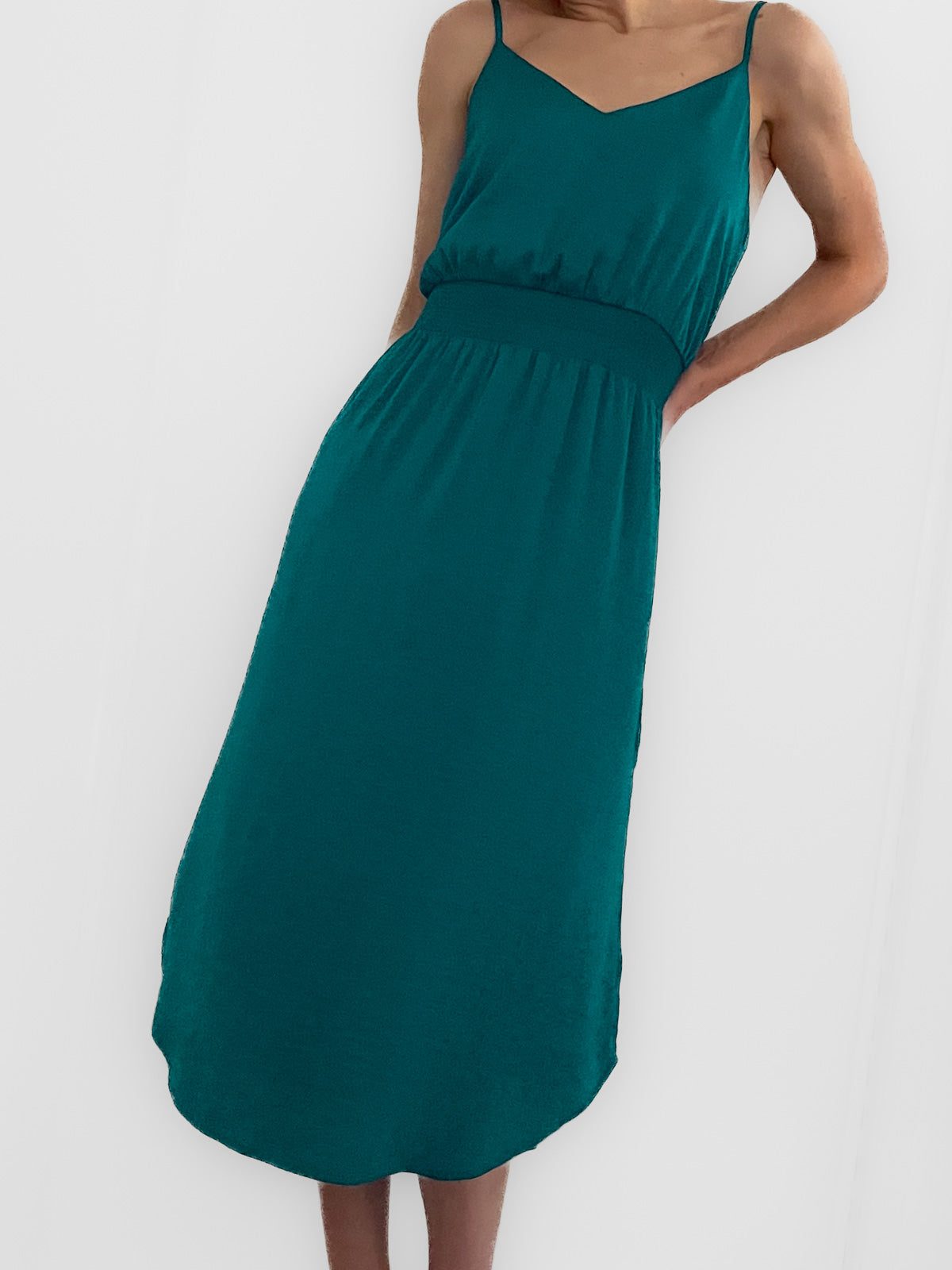 Teal Satin Midi Fitted Waist Slip Dress