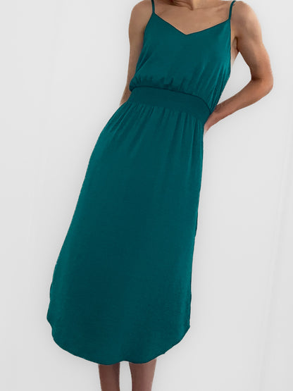 Teal Satin Midi Fitted Waist Slip Dress