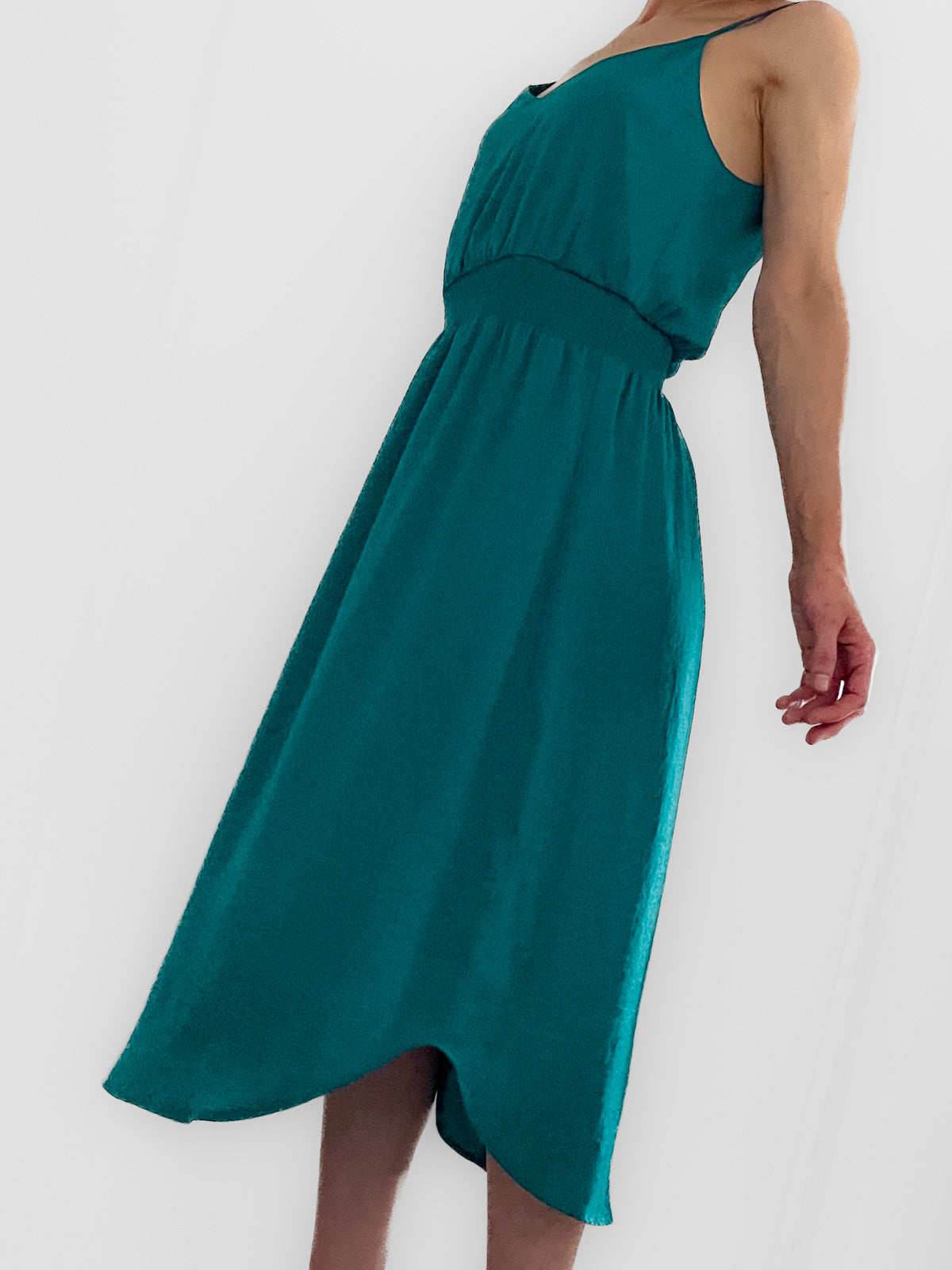 Teal Satin Midi Fitted Waist Slip Dress