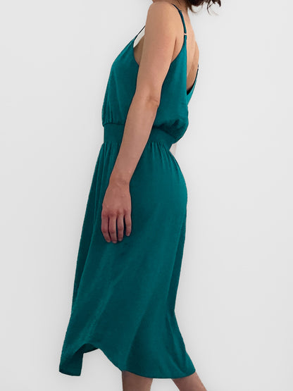 Teal Satin Midi Fitted Waist Slip Dress