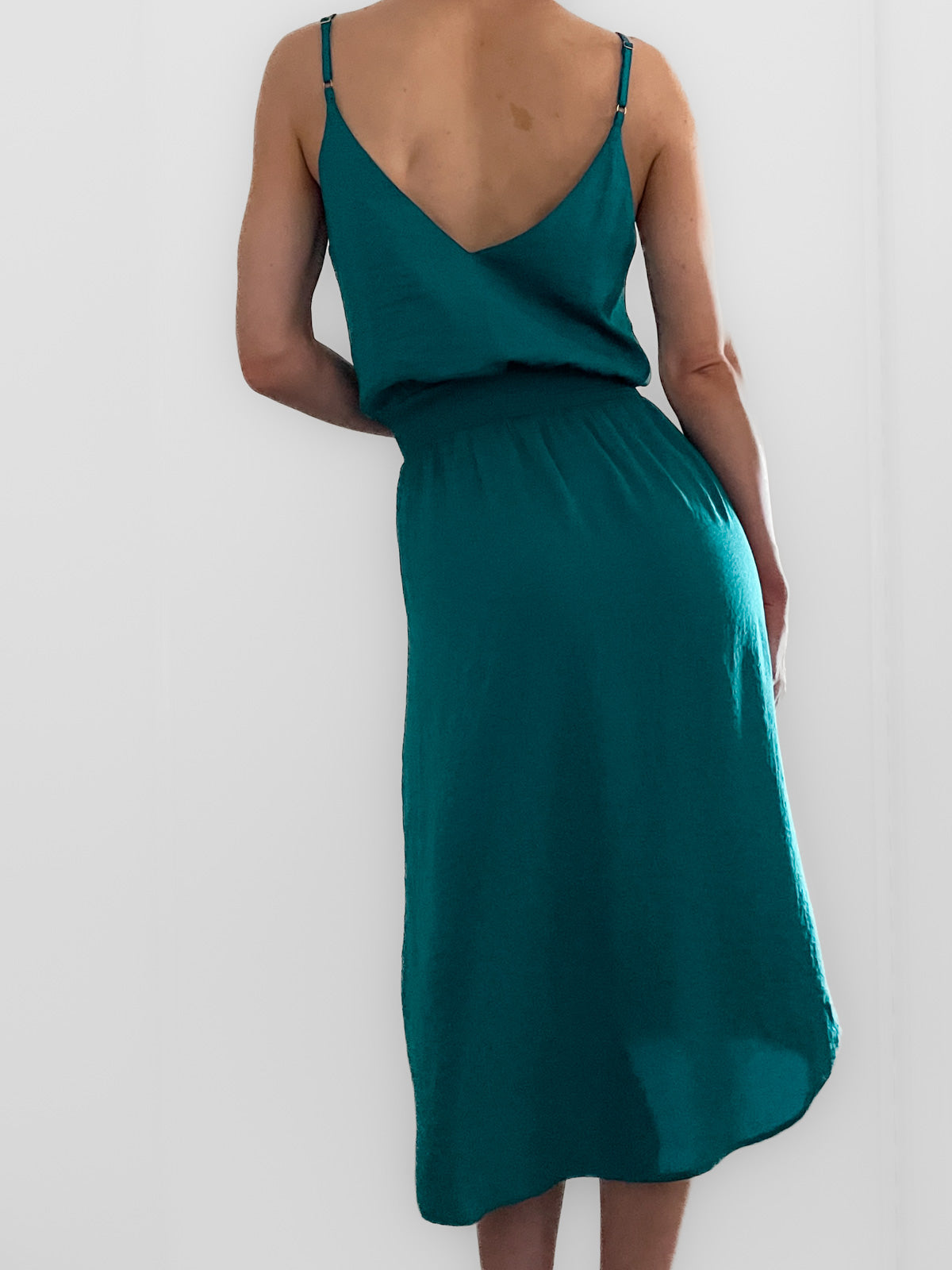 Teal Satin Midi Fitted Waist Slip Dress