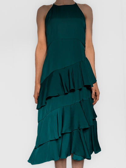 Teal Satin High Neck Ruffle Midi Dress