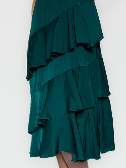 Teal Satin High Neck Ruffle Midi Dress
