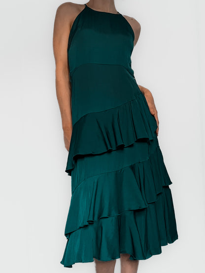 Teal Satin High Neck Ruffle Midi Dress