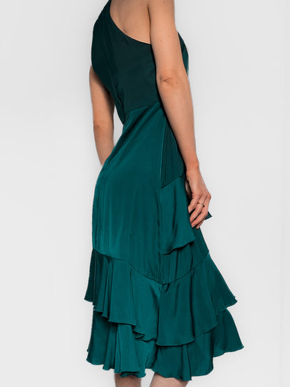 Teal Satin High Neck Ruffle Midi Dress