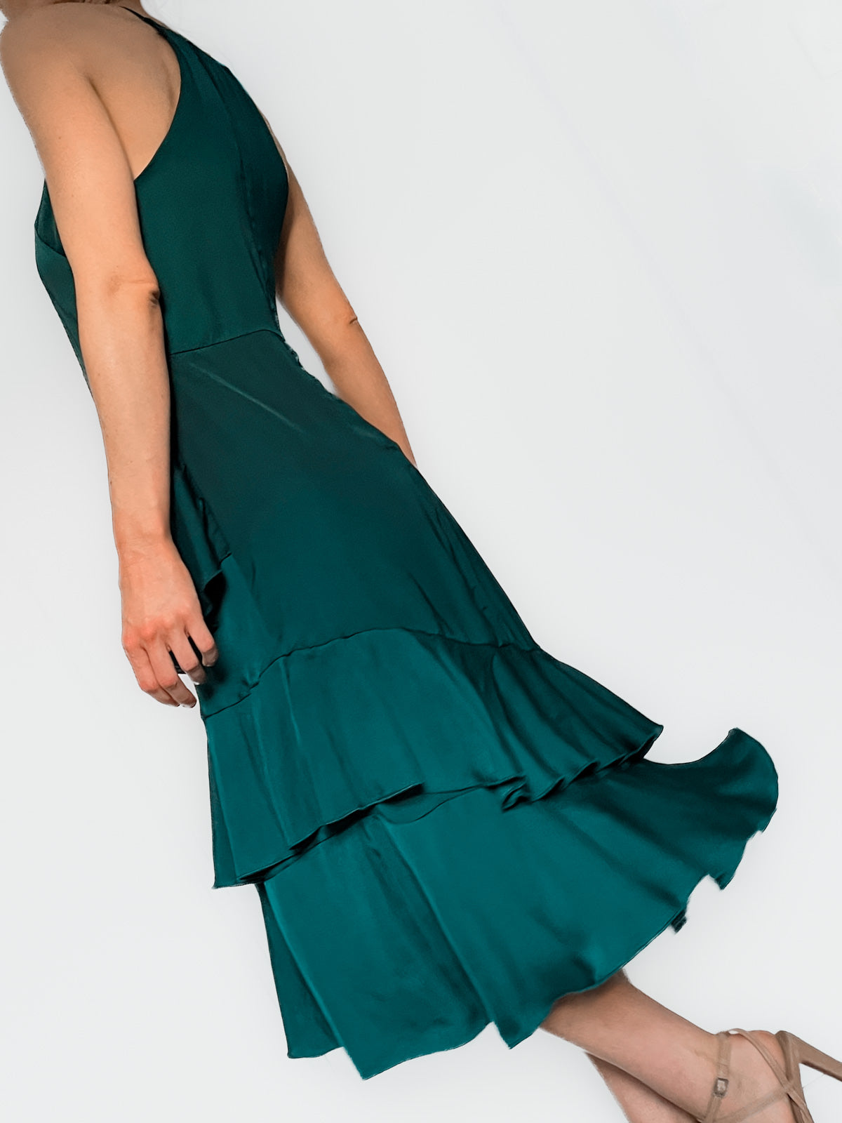 Teal Satin High Neck Ruffle Midi Dress